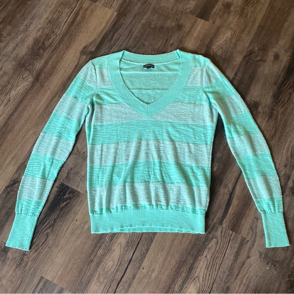 Express Mint Green Sparkle Glitter Striped V-Neck Sweater
